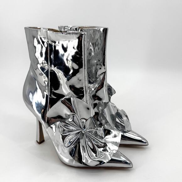 Sam Edelman Silver Esmae Pointed Toe Bow Dress Metallic Booties Size 8.5 - Picture 1 of 12